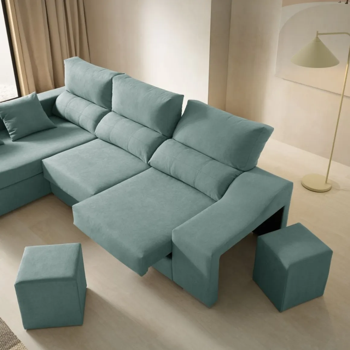Sofá chaiselongue Amatista 3 plazas con arcón y 2 pufs 102x225x150 cm