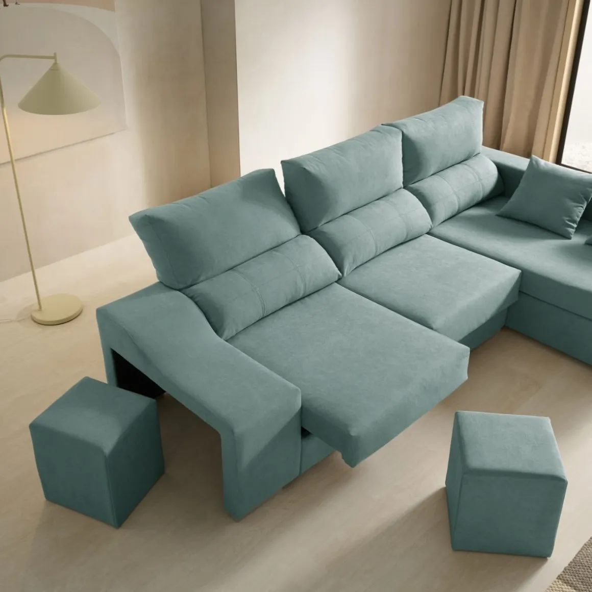 Sofá chaiselongue Amatista 3 plazas con arcón y 2 pufs 102x225x150 cm