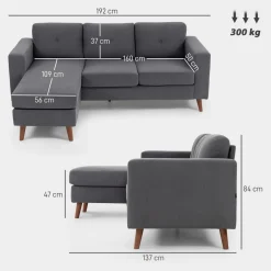 Sofá chaiselongue Bosque Homcom 3 plazas reversible gris oscuro 84x192x137 cm