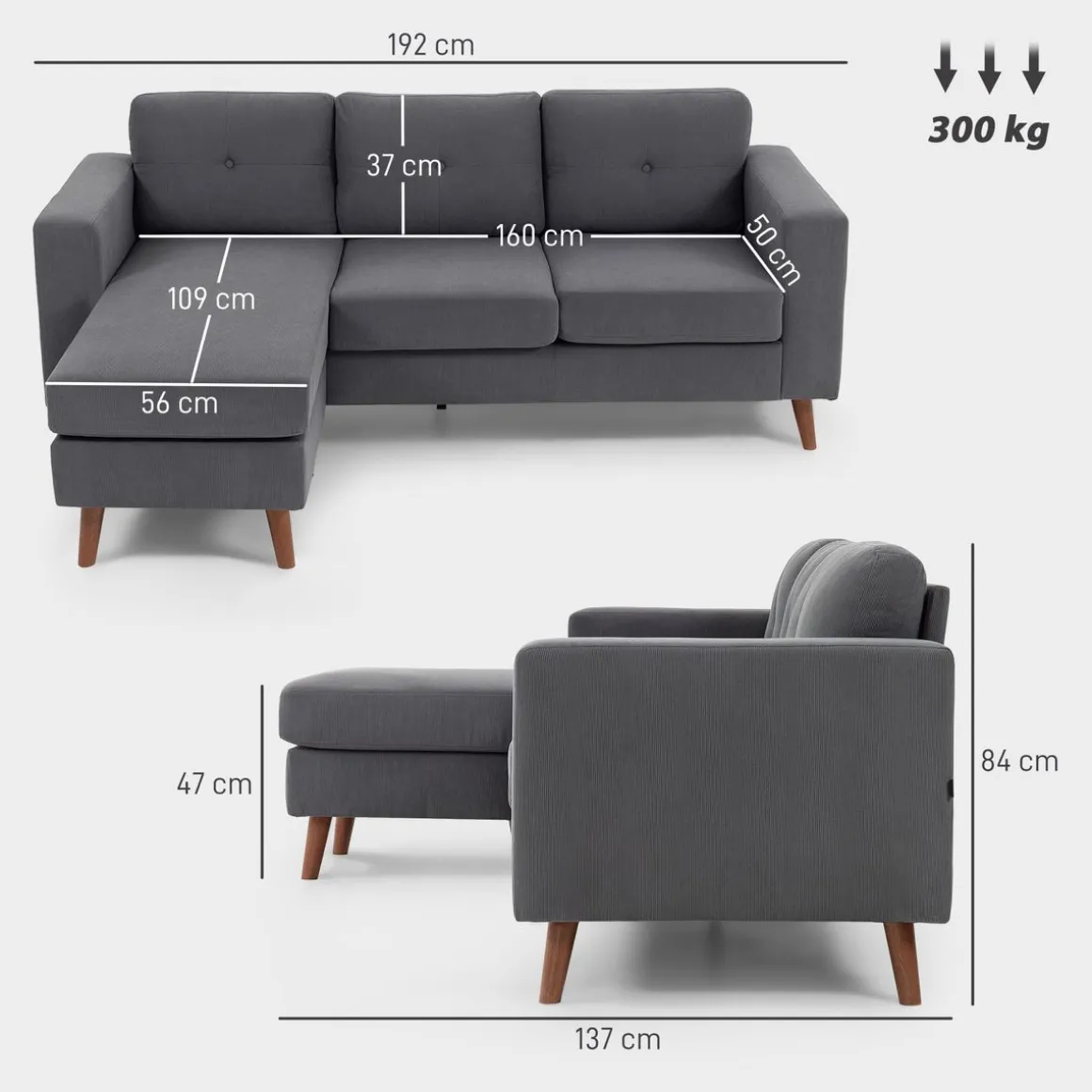 Sofá chaiselongue Bosque Homcom 3 plazas reversible gris oscuro 84x192x137 cm