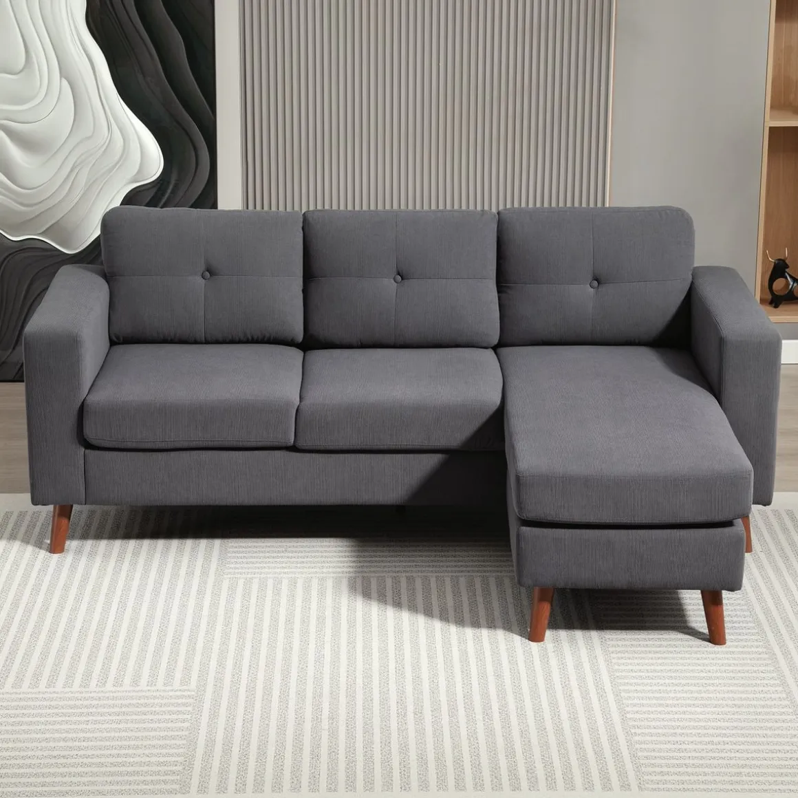 Sofá chaiselongue Bosque Homcom 3 plazas reversible gris oscuro 84x192x137 cm