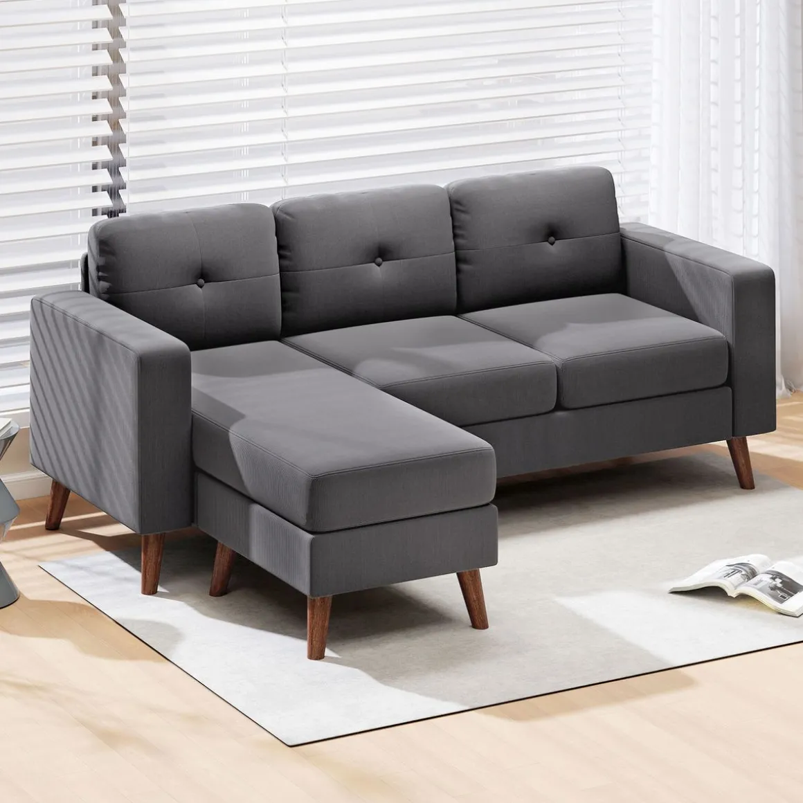 Sofá chaiselongue Bosque Homcom 3 plazas reversible gris oscuro 84x192x137 cm