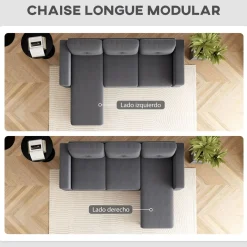 Sofá chaiselongue Bosque Homcom 3 plazas reversible gris oscuro 84x192x137 cm