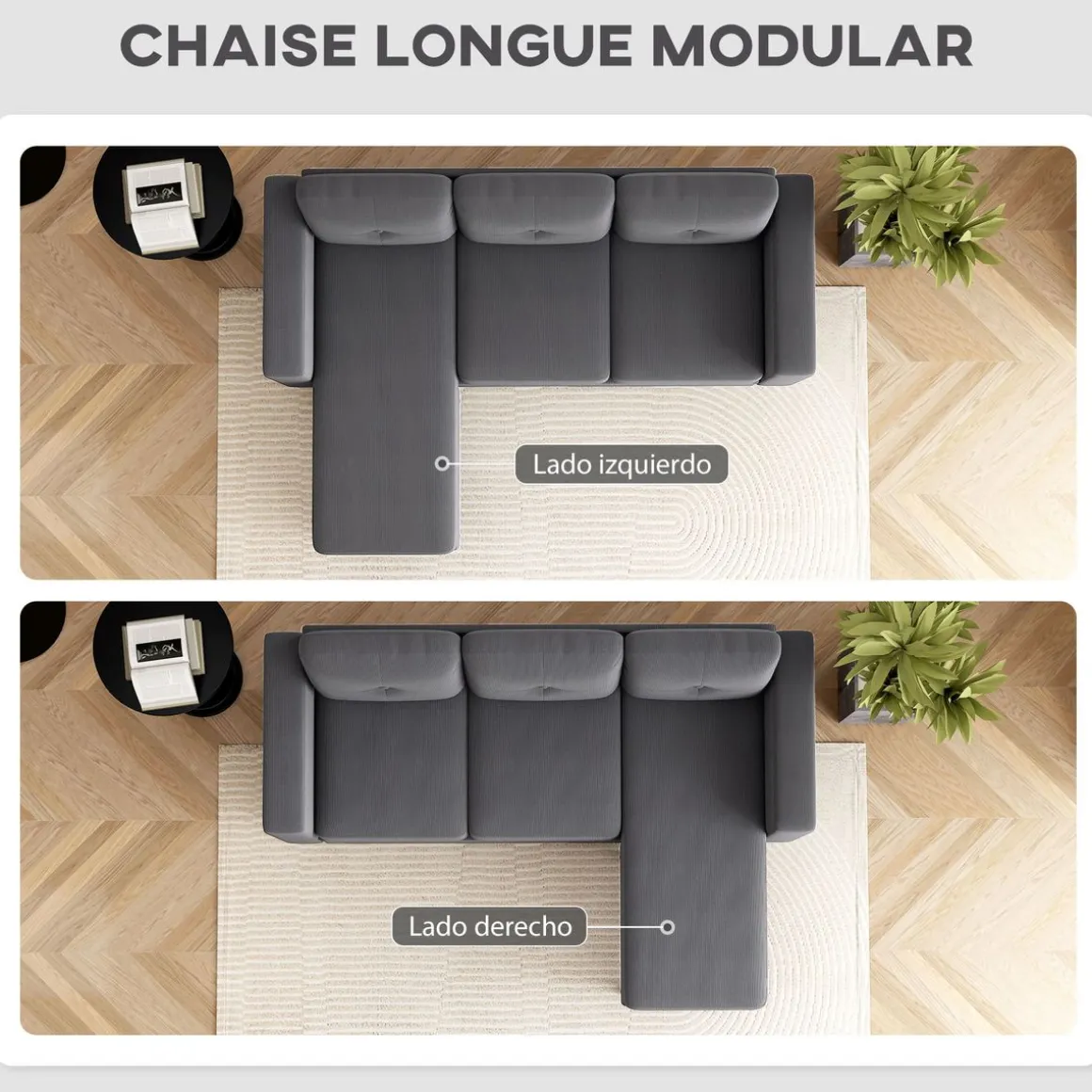Sofá chaiselongue Bosque Homcom 3 plazas reversible gris oscuro 84x192x137 cm