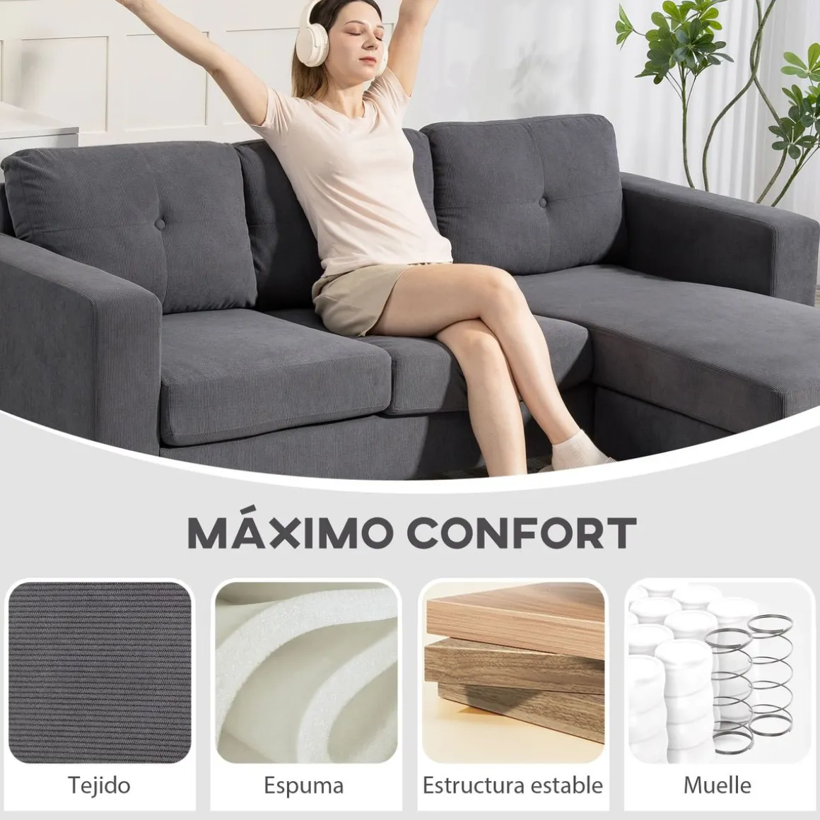 Sofá chaiselongue Bosque Homcom 3 plazas reversible gris oscuro 84x192x137 cm