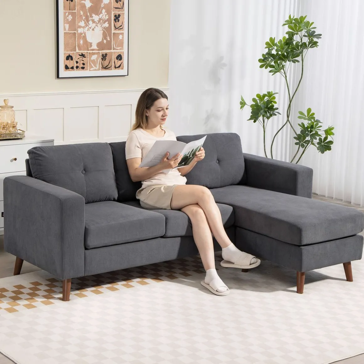 Sofá chaiselongue Bosque Homcom 3 plazas reversible gris oscuro 84x192x137 cm