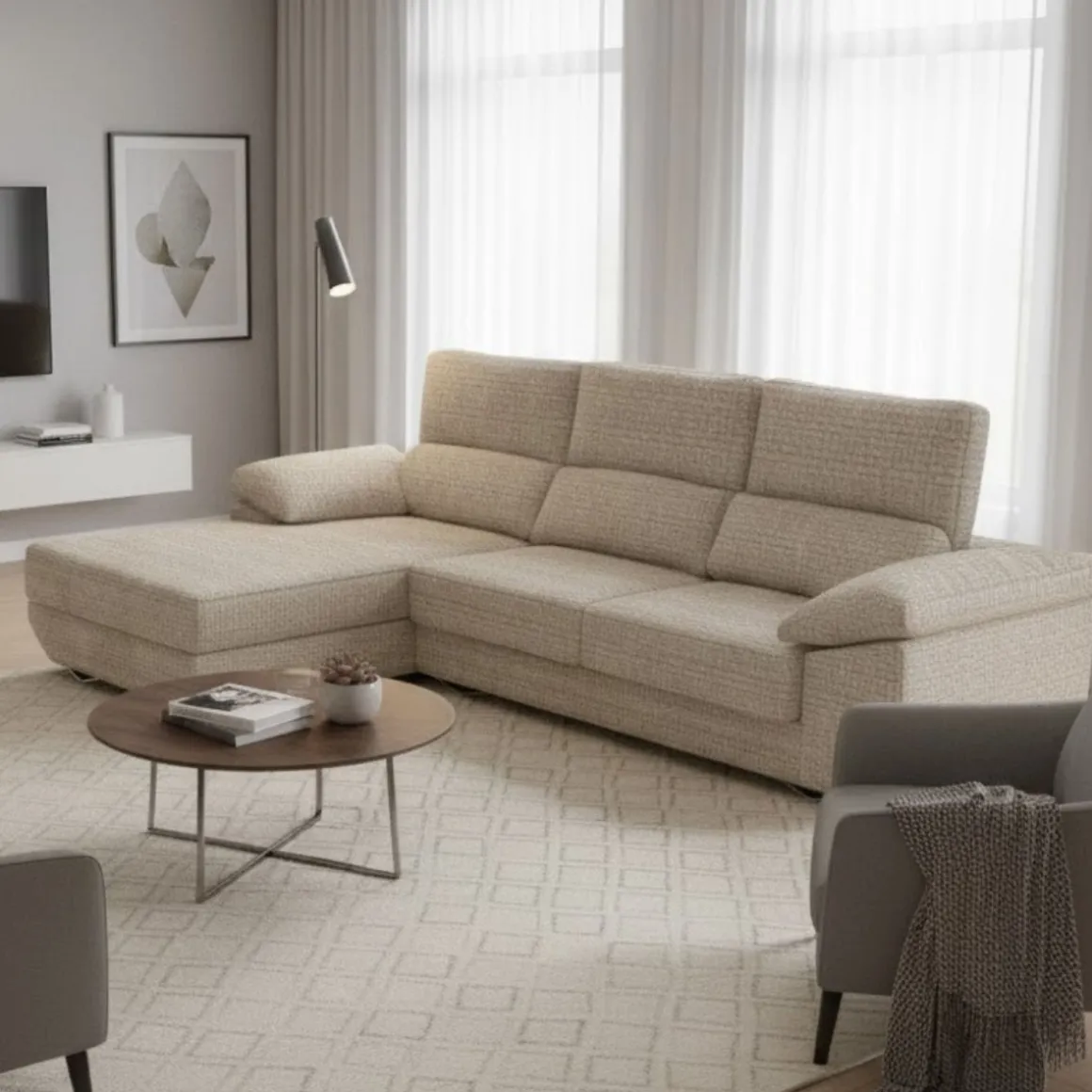 Sofá chaiselongue Danielle 3 plazas deslizante + cabezales reclinables 100x300x170 cm