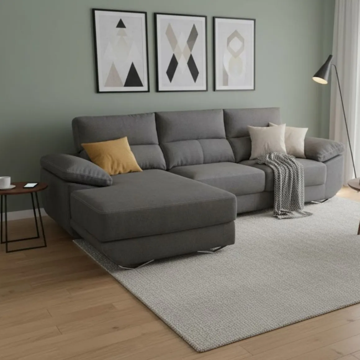 Sofá chaiselongue Danielle 3 plazas tela bronx asientos deslizantes