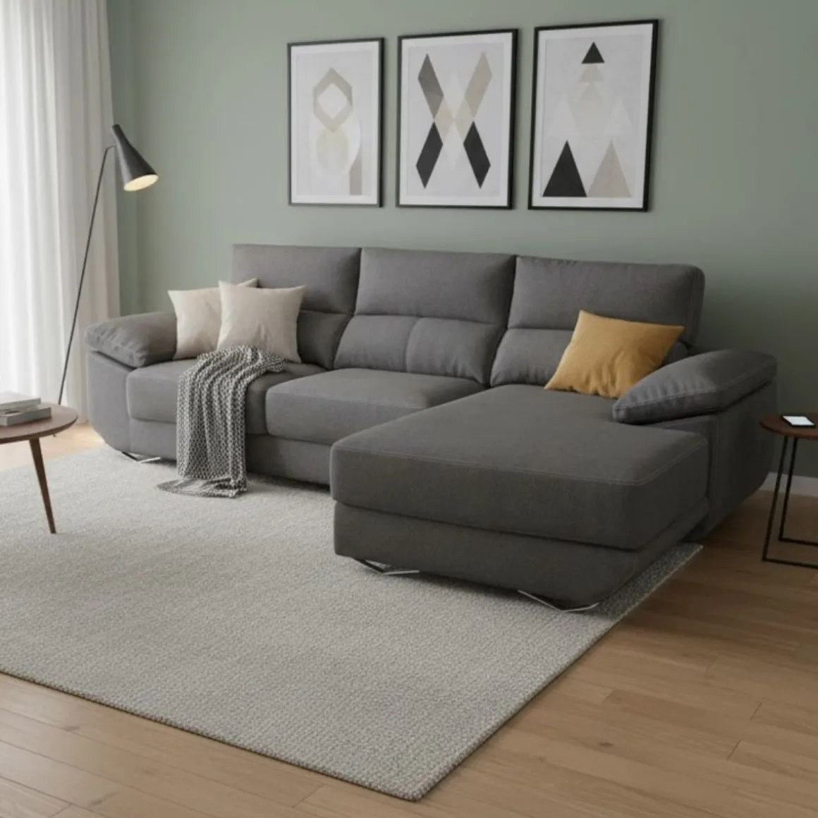 Sofá chaiselongue Danielle 3 plazas tela bronx asientos deslizantes