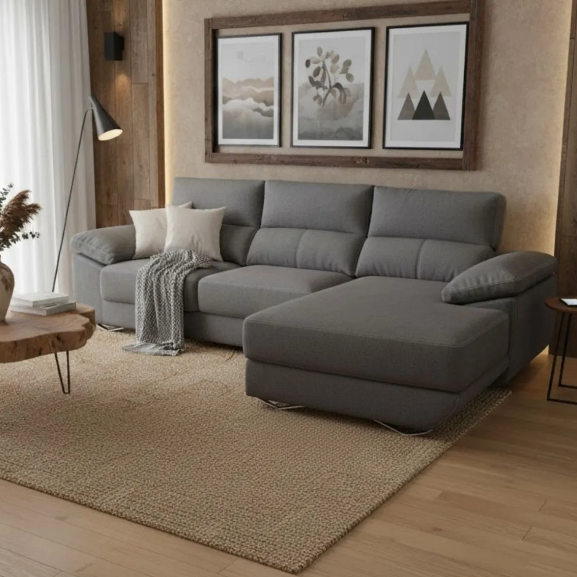 Sofá chaiselongue Danielle 3 plazas tela bronx asientos deslizantes