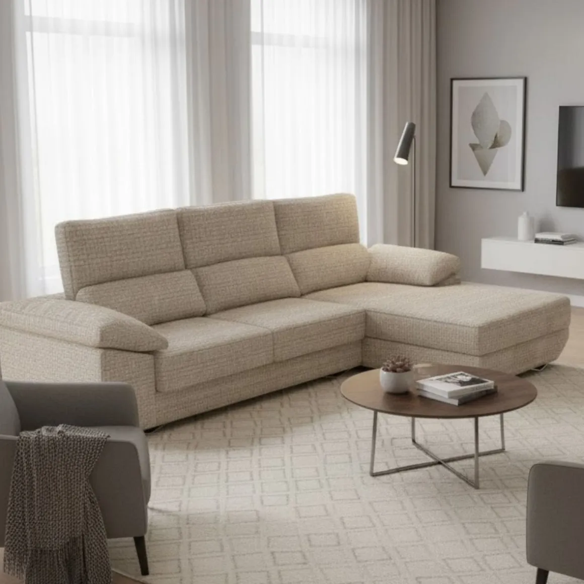 Sofá chaiselongue Danielle 3 plazas deslizante + cabezales reclinables 100x300x170 cm