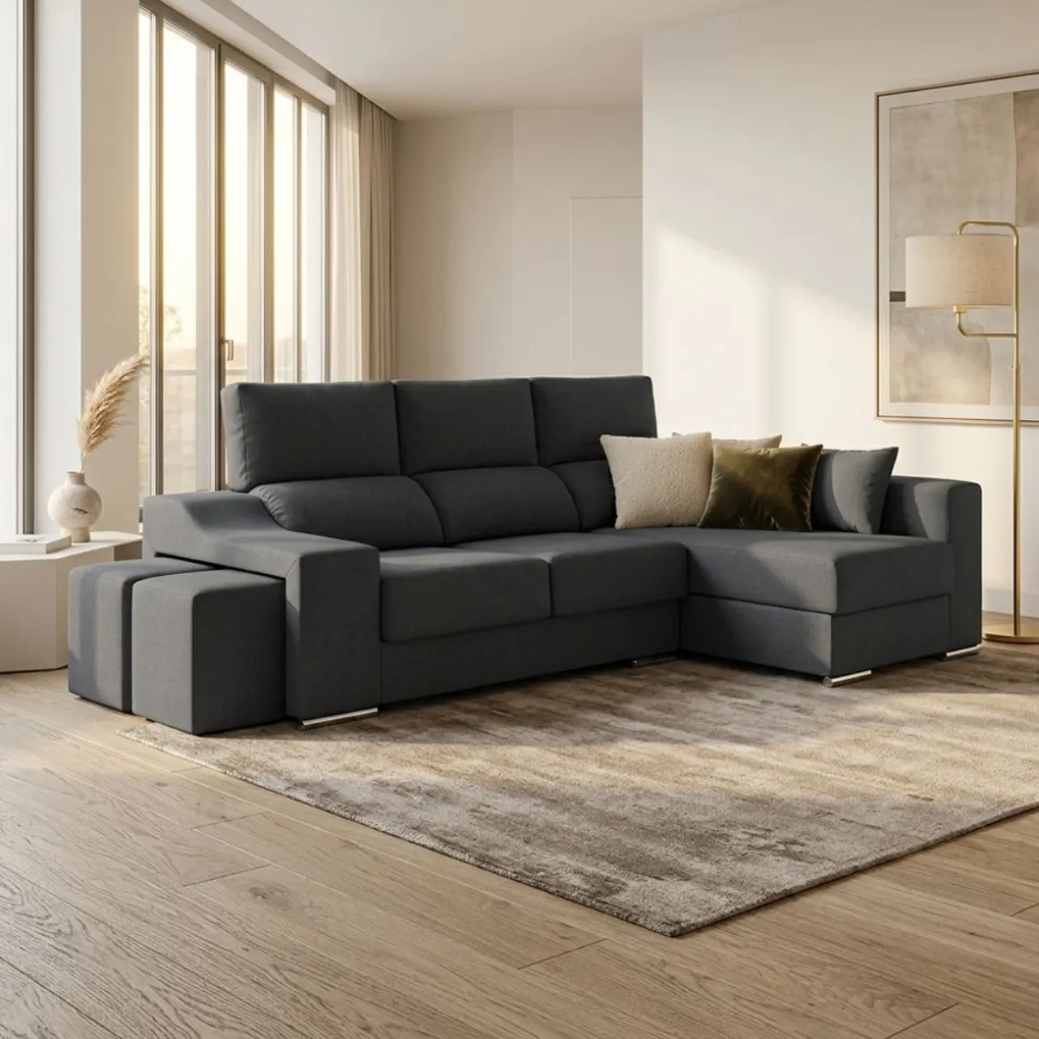 Sofá chaiselongue derecha Málaga 3 plazas asientos extraíbles y reclinable tela Nevada 100x265x140 cm