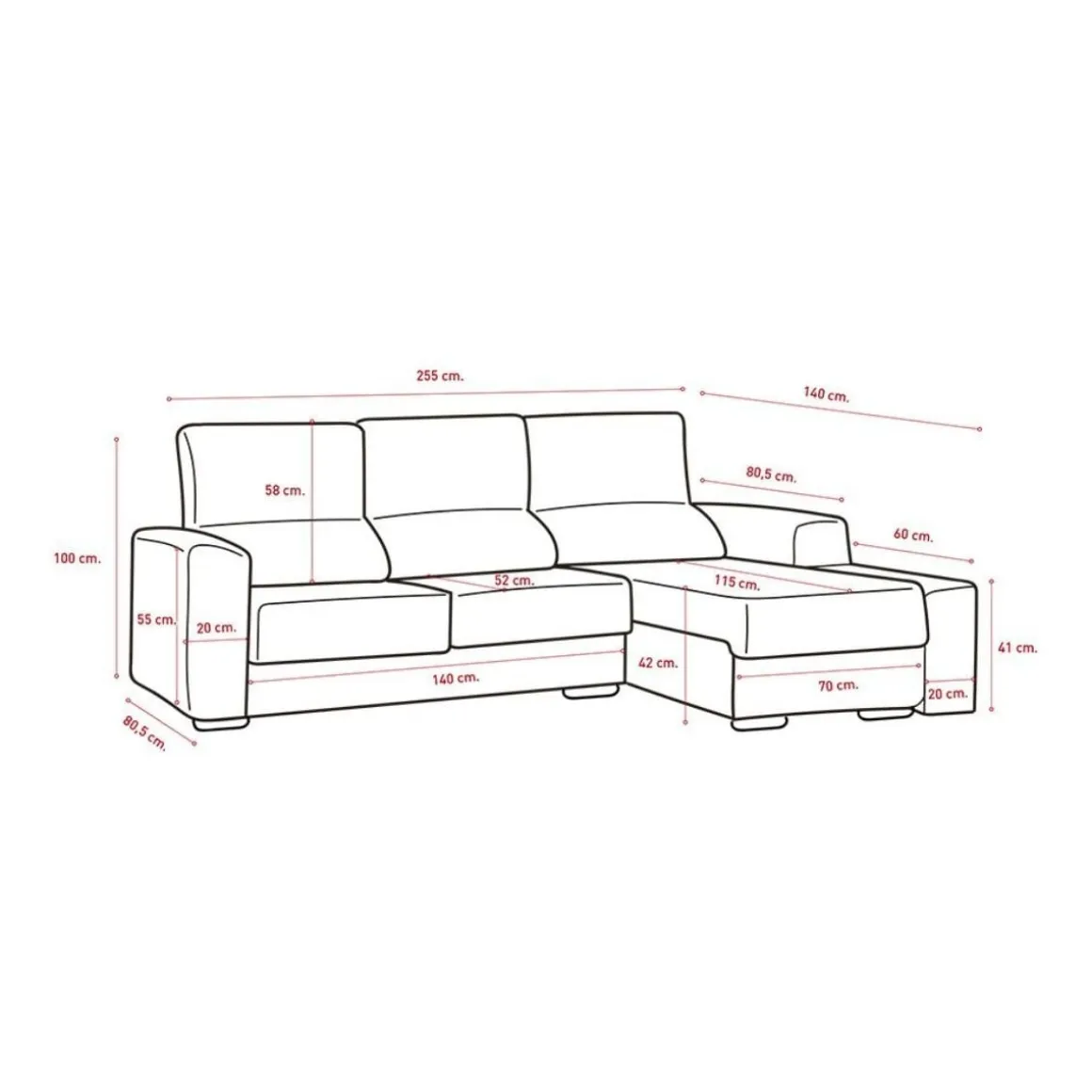 Sofá chaiselongue derecha Málaga 3 plazas asientos extraíbles y reclinable tela Nevada 100x265x140 cm