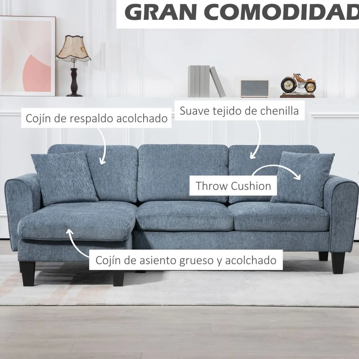 Sofá chaiselongue Diva Homcom 3 plazas reversible azul oscuro 87x230x138 cm