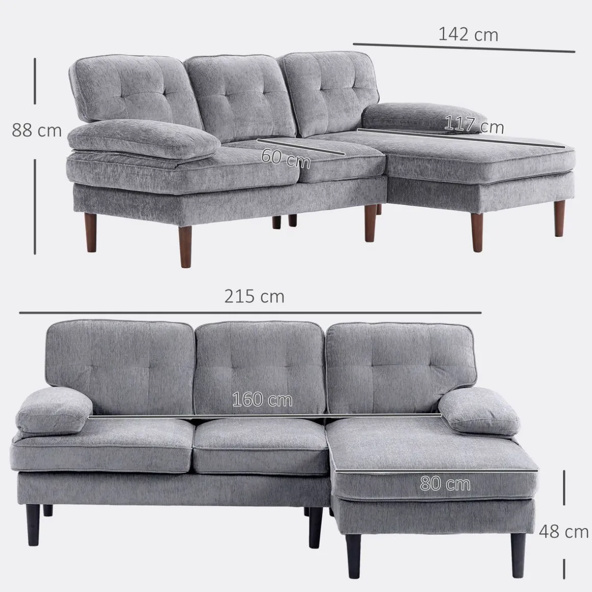 Sofá chaiselongue Kumo Homcom 3 plazas gris 88x215x142 cm