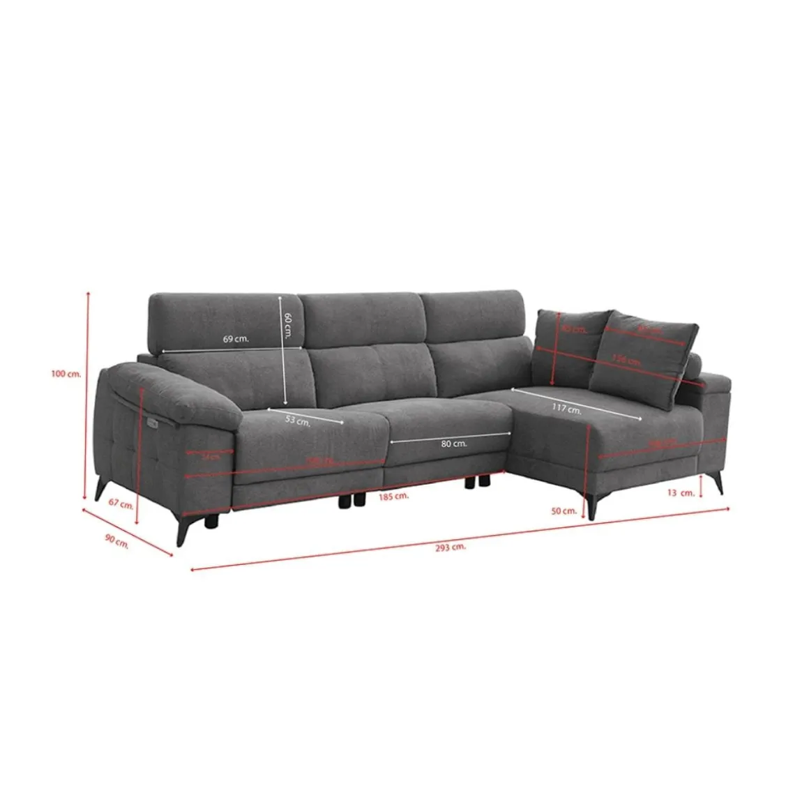 Sofá chaiselongue Londres 3 plazas derecha eléctrico gris 100x293x90 cm