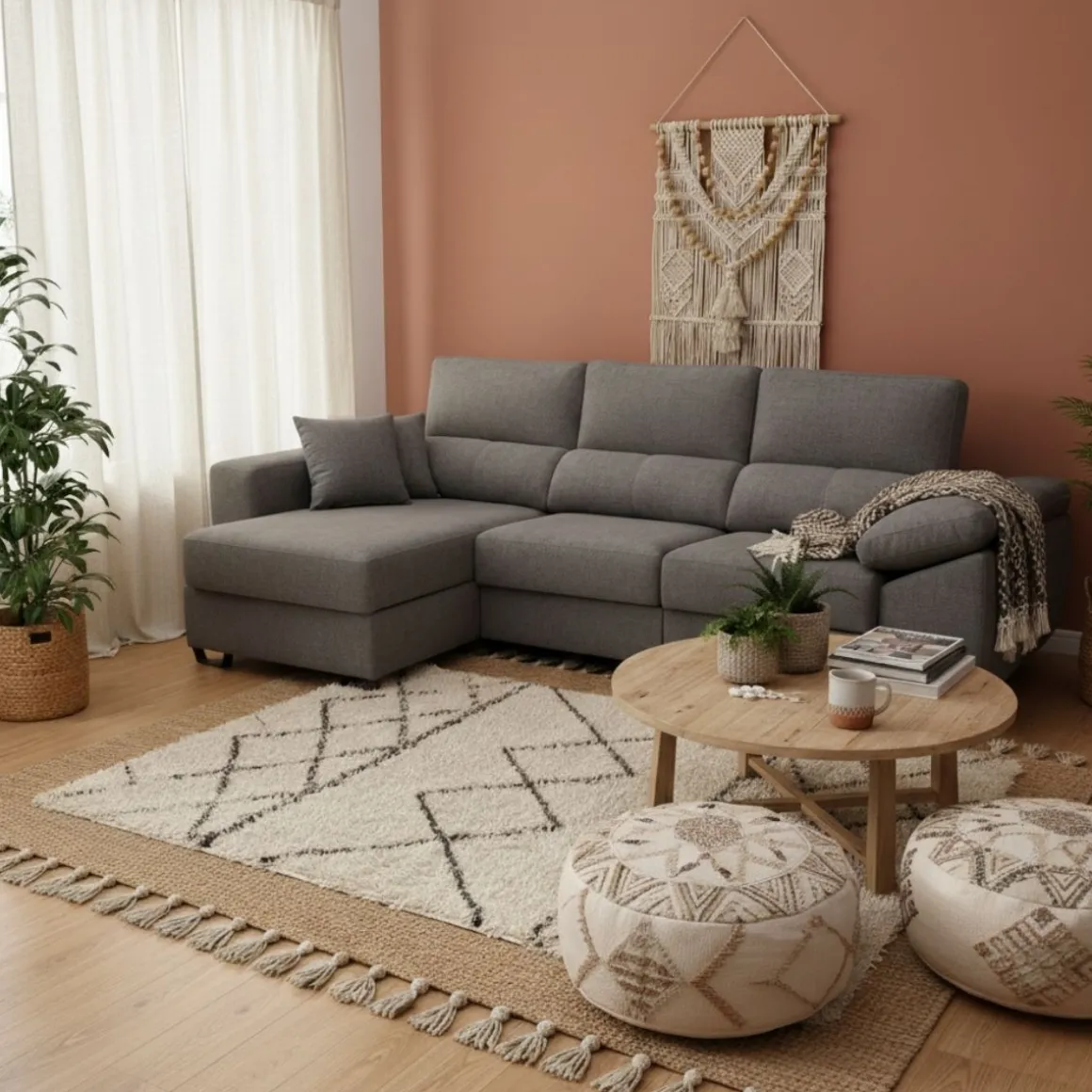 Sofá chaiselongue Ponza 3 plazas asientos deslizantes con cabezales reclinables