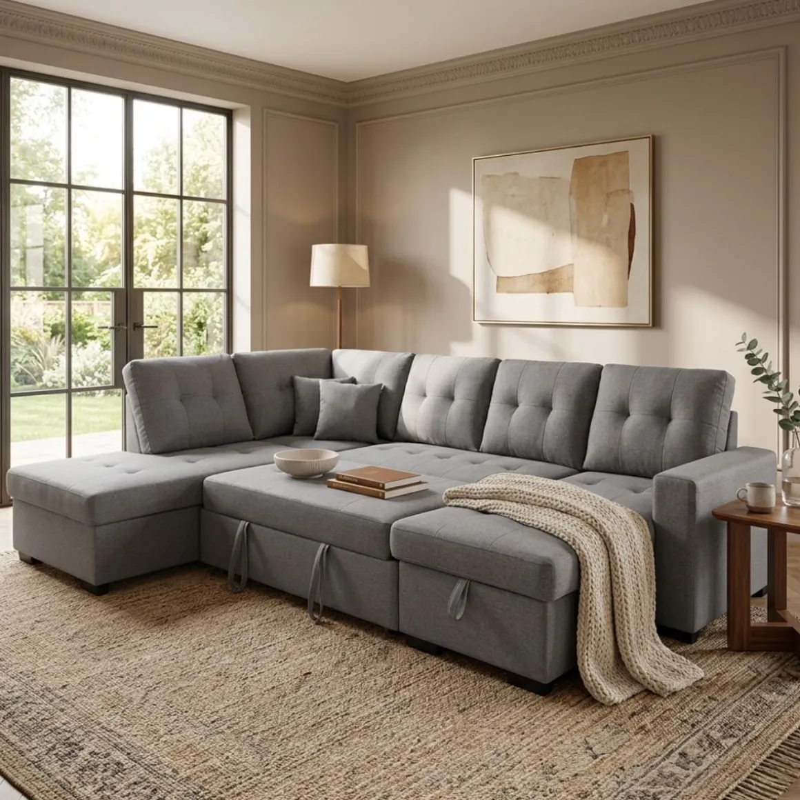 Sofá chaiselongue rinconera Aitana 4 plazas convertible en cama gris 96x298x212 cm
