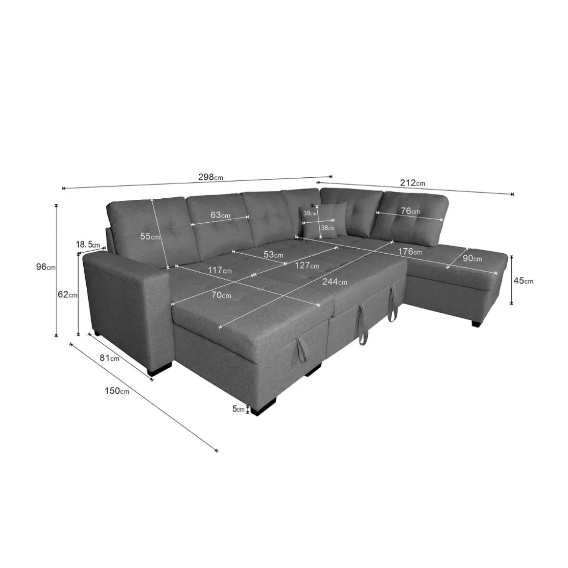 Sofá chaiselongue rinconera Aitana 4 plazas convertible en cama gris 96x298x212 cm
