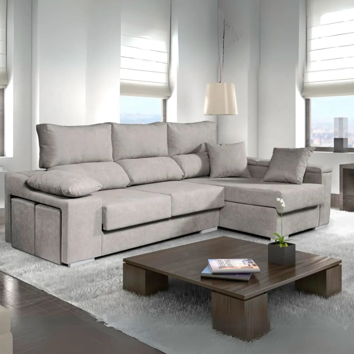 Sofá chaiselongue Rubí 3 plazas + 2 puffs 102x265x145 cm