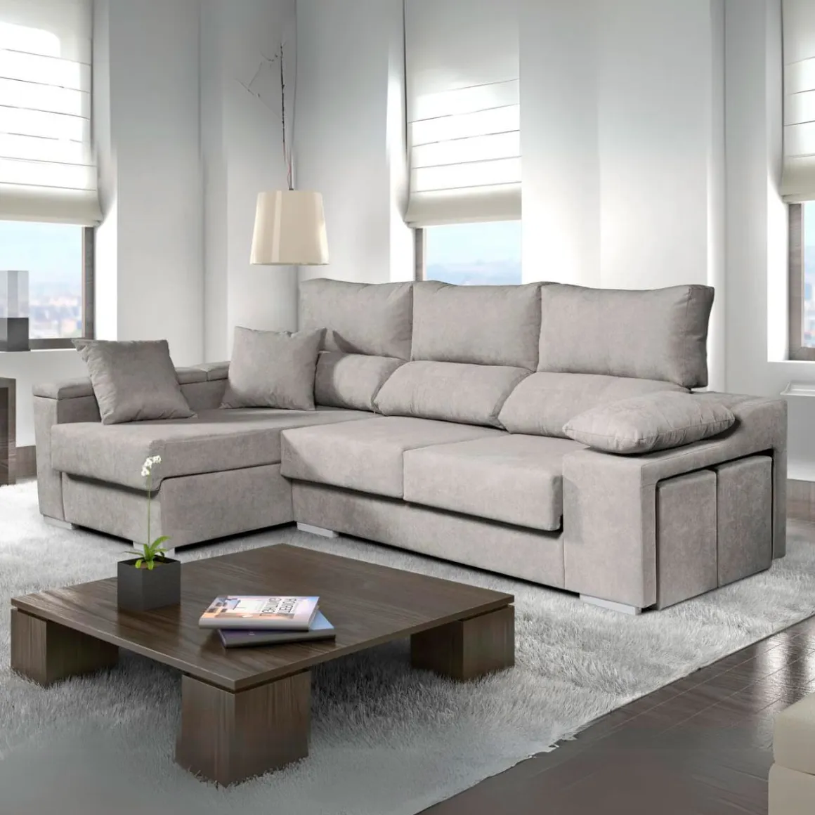 Sofá chaiselongue Rubí 3 plazas + 2 puffs 102x265x145 cm