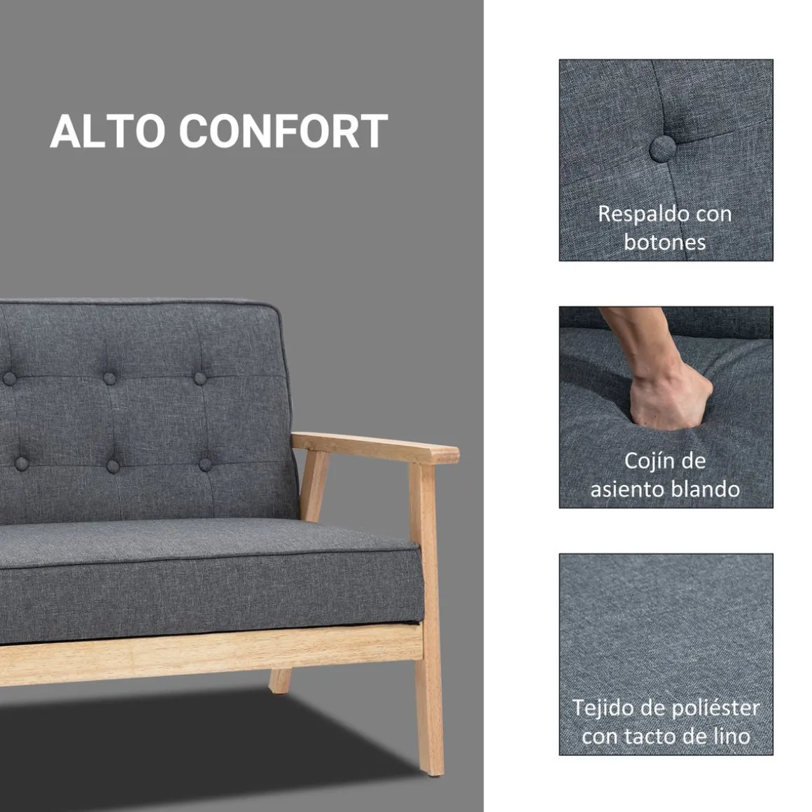 Sofá Craik Homcom 2 plazas patas antideslizantes gris 78x113x67 cm