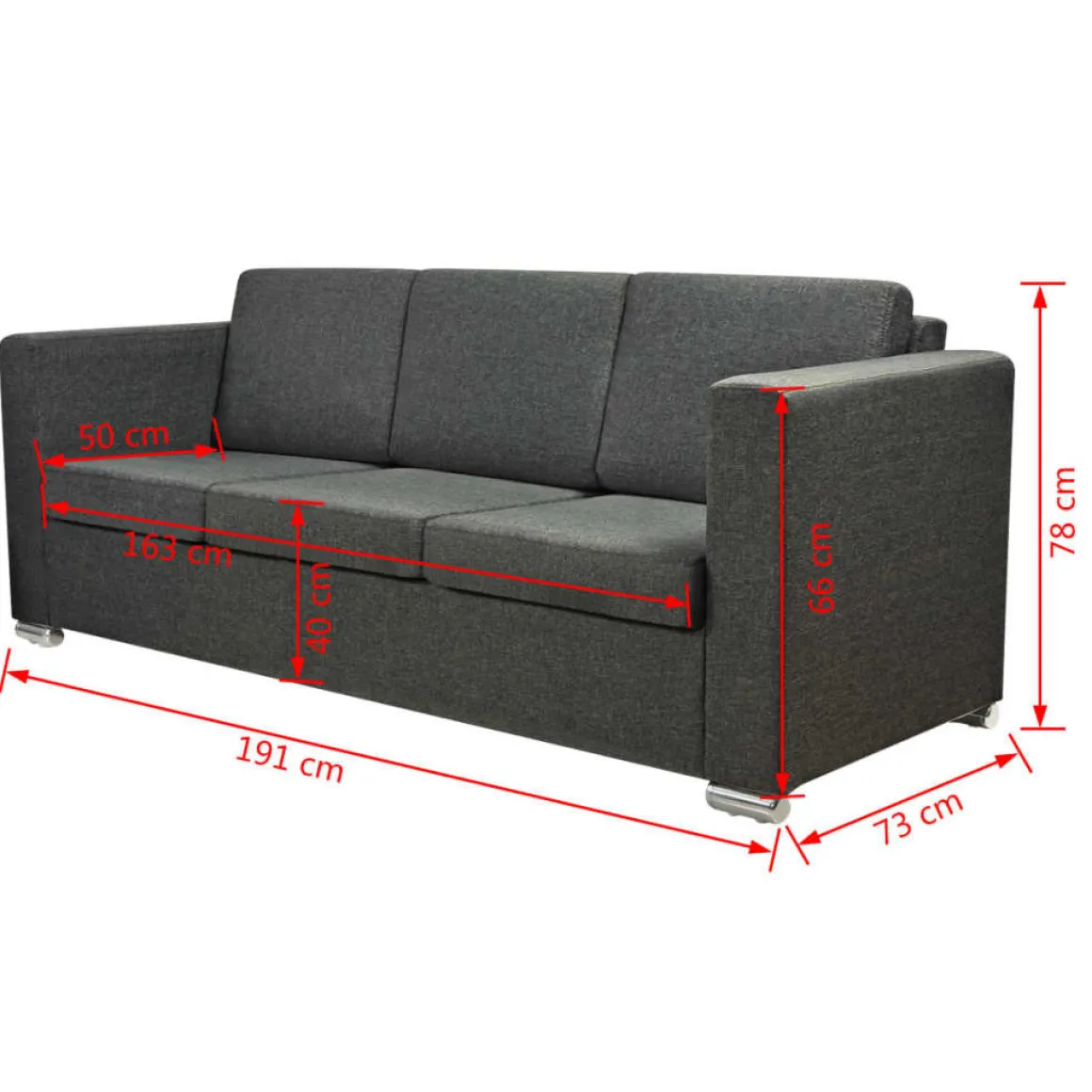 Sofá de 3 plazas Mina tapizado tela gris oscuro 78x191x73 cm