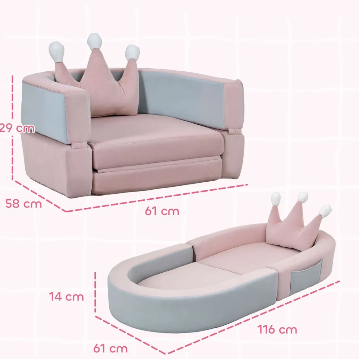 Sofá infantil Soha Aiyaplay convertible en cama rosa 14x116x61 cm