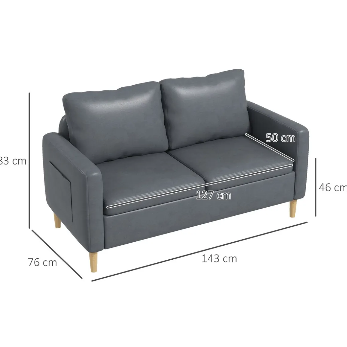 Sofá Preta Homcom 2 plazas con bolsillos laterales gris 83x143x76 cm