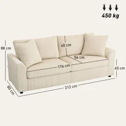 Sofá Terra Homcom 3 plazas con 2 cojines crema 88x212x80 cm
