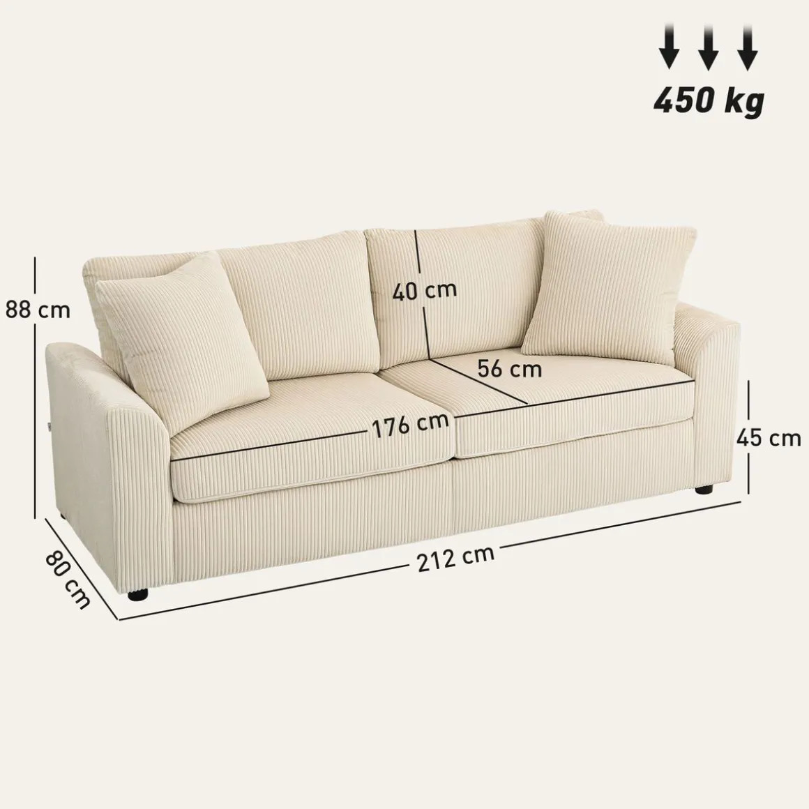 Sofá Terra Homcom 3 plazas con 2 cojines crema 88x212x80 cm