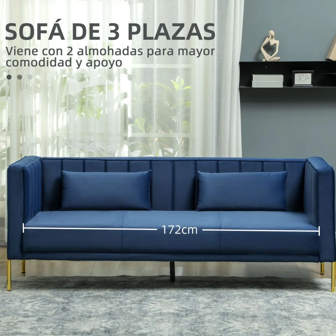 Sofá Tiramisú Homcom 3 plazas con cojines azul marino 76x194,5x76 cm