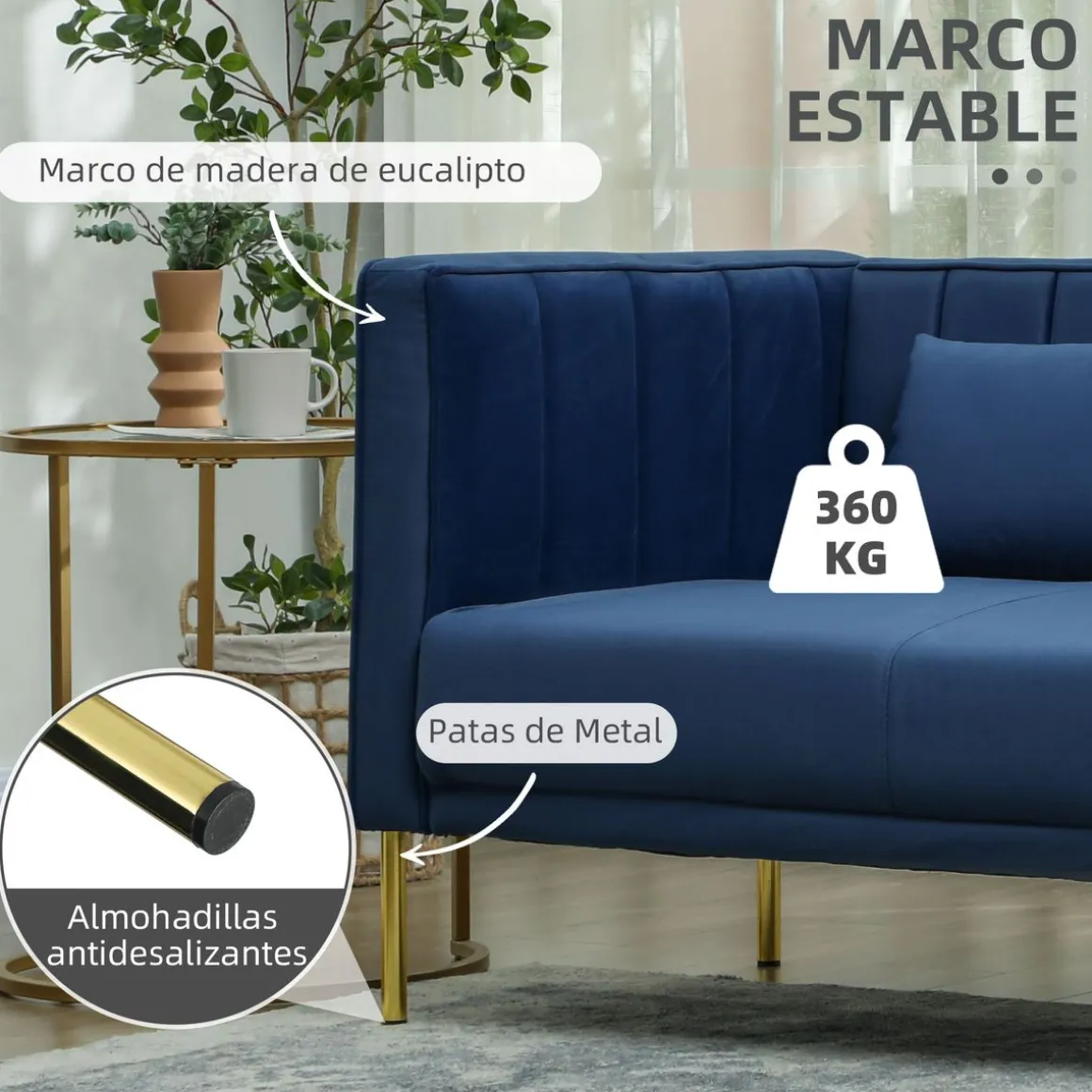 Sofá Tiramisú Homcom 3 plazas con cojines azul marino 76x194,5x76 cm