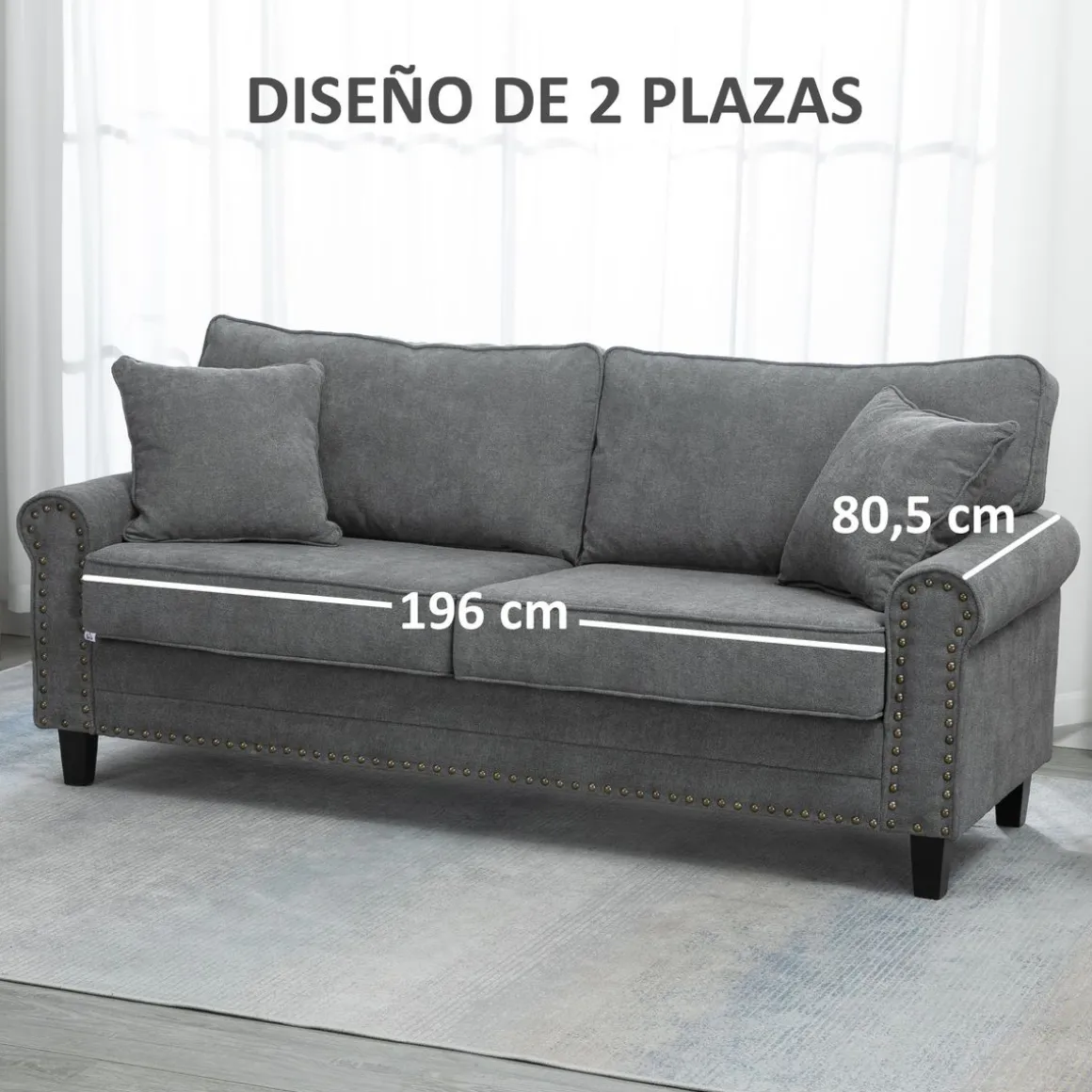 Sofá Viator Homcom 3 plazas tapizado con cojines gris 89x196x80,5 cm