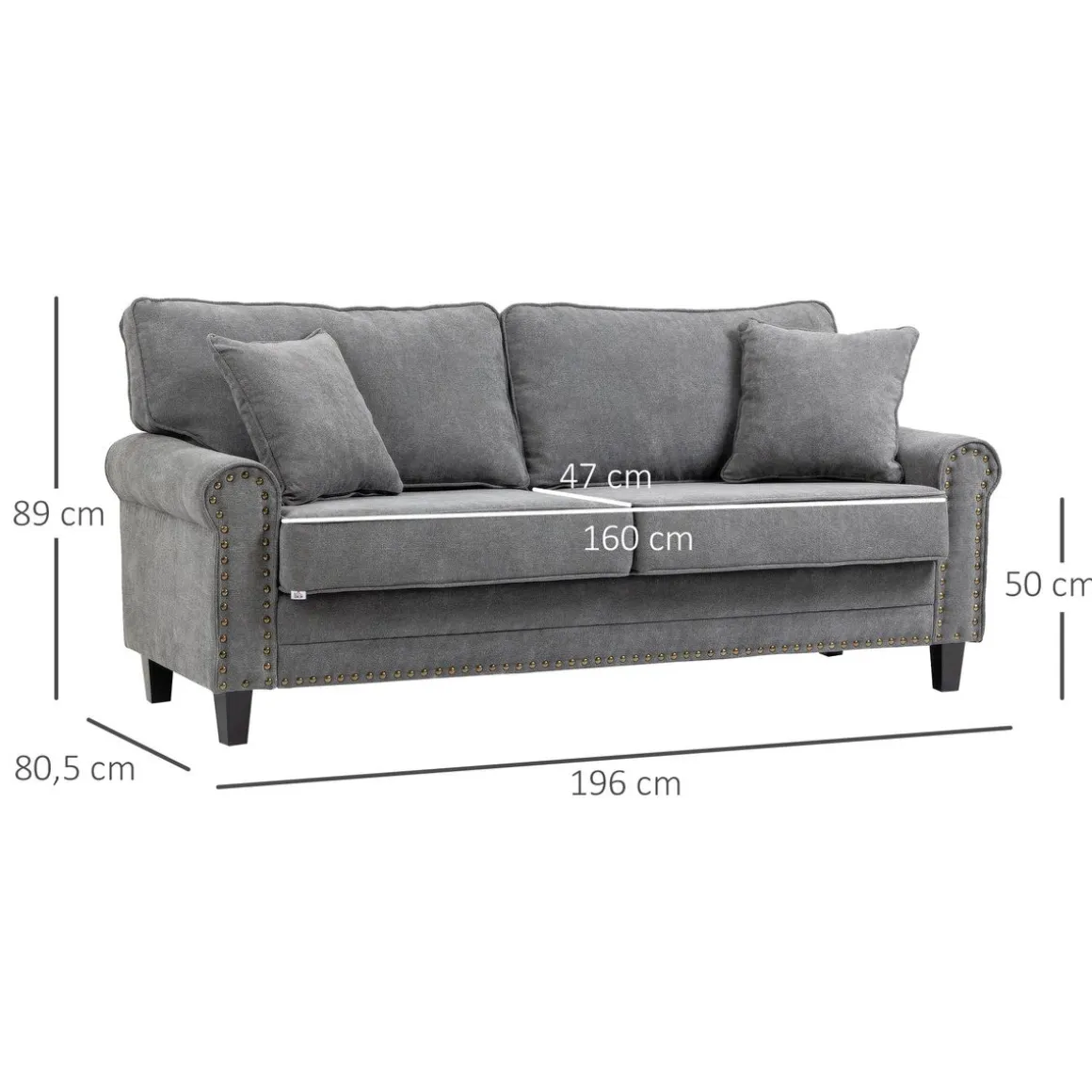 Sofá Viator Homcom 3 plazas tapizado con cojines gris 89x196x80,5 cm