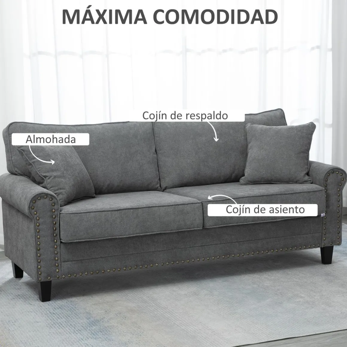 Sofá Viator Homcom 3 plazas tapizado con cojines gris 89x196x80,5 cm