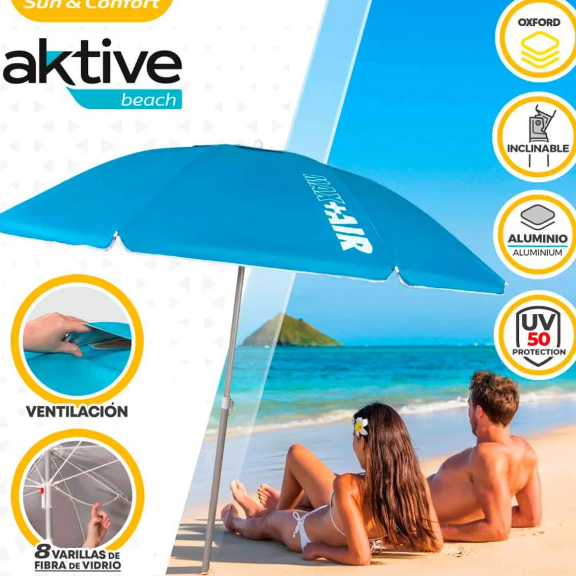 Sombrilla Air Max Aktive Beach altura regulable protección UV50 azul Ø220 cm