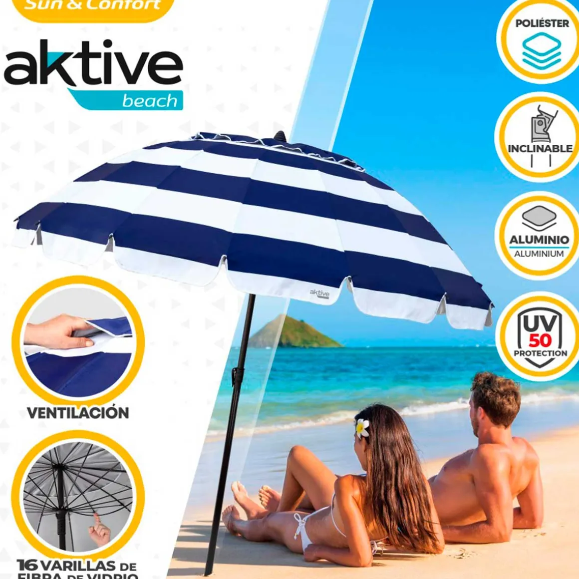 Sombrilla Air Max Aktive Beach altura regulable protección UV50 azul/blanco Ø240 cm