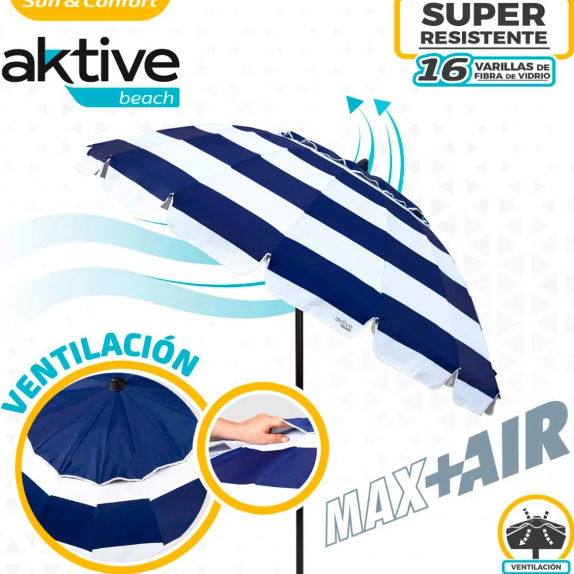Sombrilla Air Max Aktive Beach altura regulable protección UV50 azul/blanco Ø240 cm