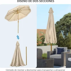 Sombrilla Boho Outsunny inclinable 45º + volantes + manivela blanco/madera Ø264x240 cm