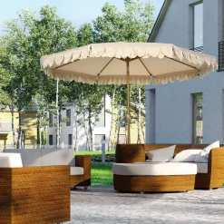Sombrilla Boho Outsunny inclinable 45º + volantes + manivela blanco/madera Ø264x240 cm