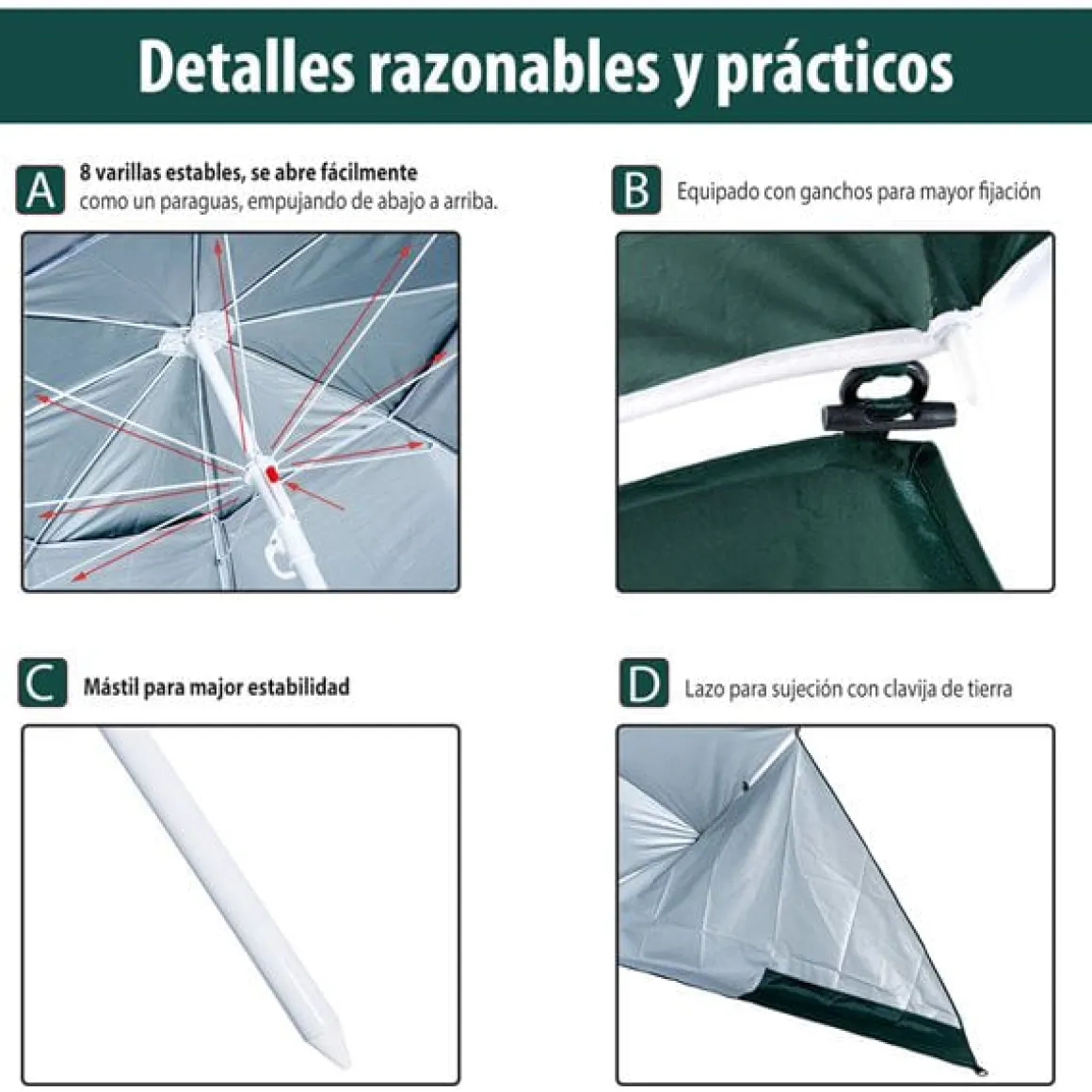 Sombrilla con paneles laterales Outsunny protección UV verde oscuro Ø210x222 cm