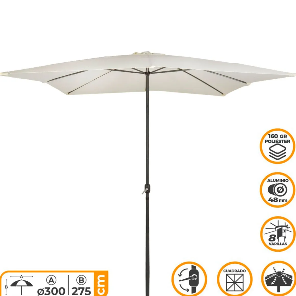 Sombrilla cuadrada Aktive Garden con doble techo mástil aluminio Ø48 mm crema 275x300x300 cm