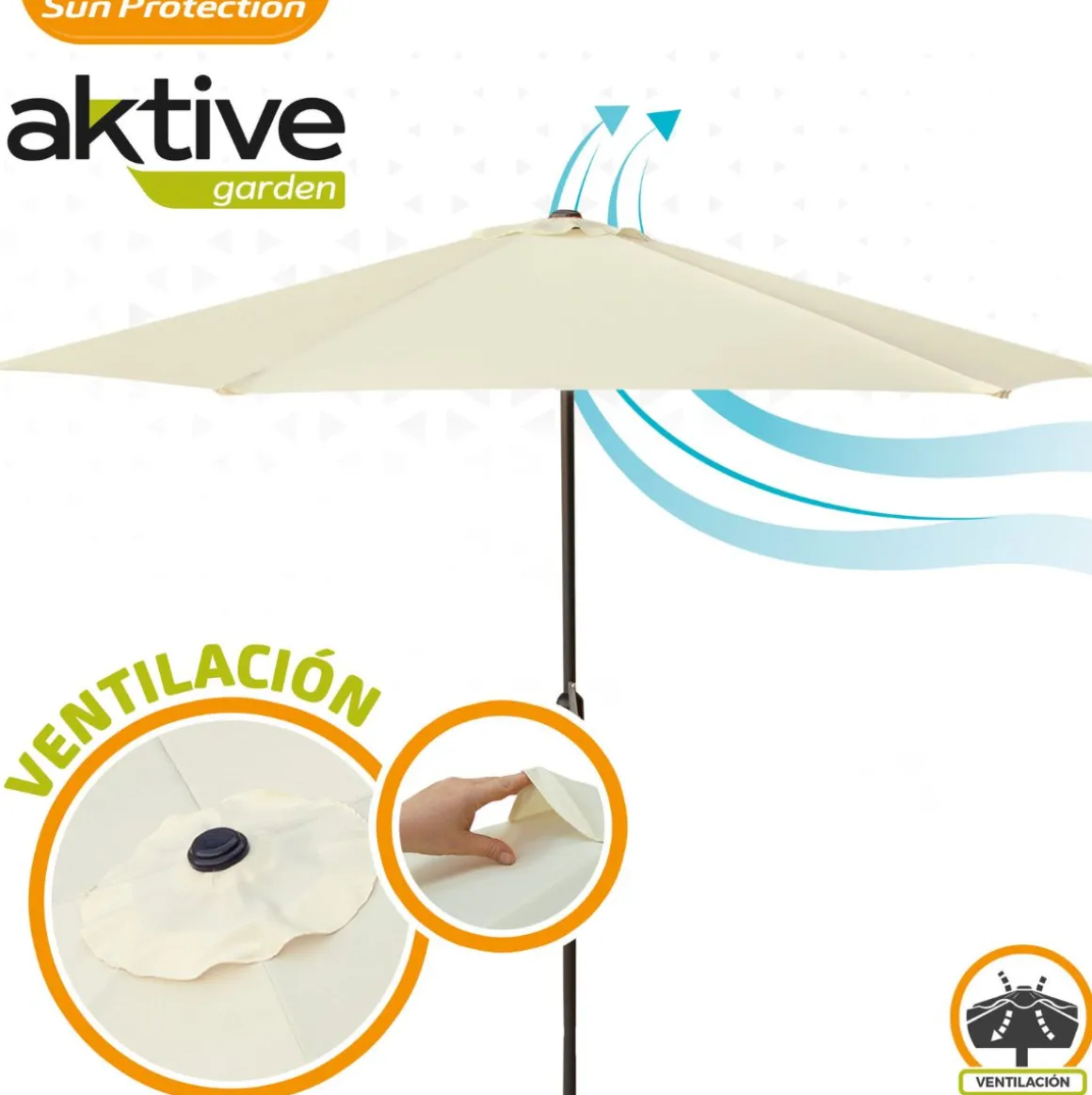 Sombrilla de jardín Aktive con manivela + ventilación beige Ø300 cm
