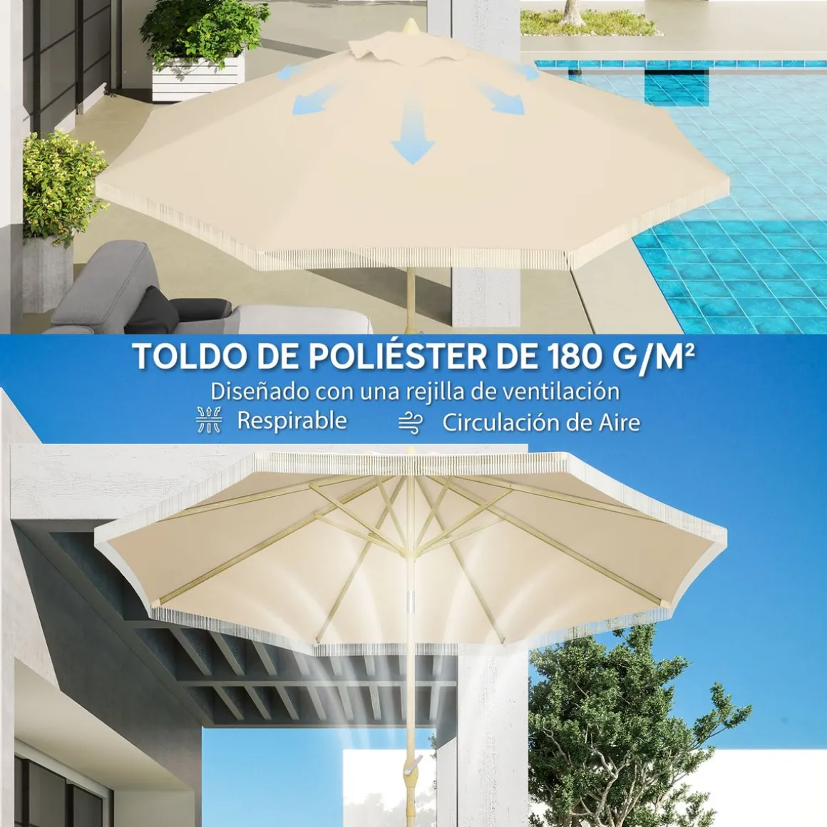 Sombrilla de jardín Estrella Outsunny con manivela y ángulo ajustable crema Ø265x244 cm