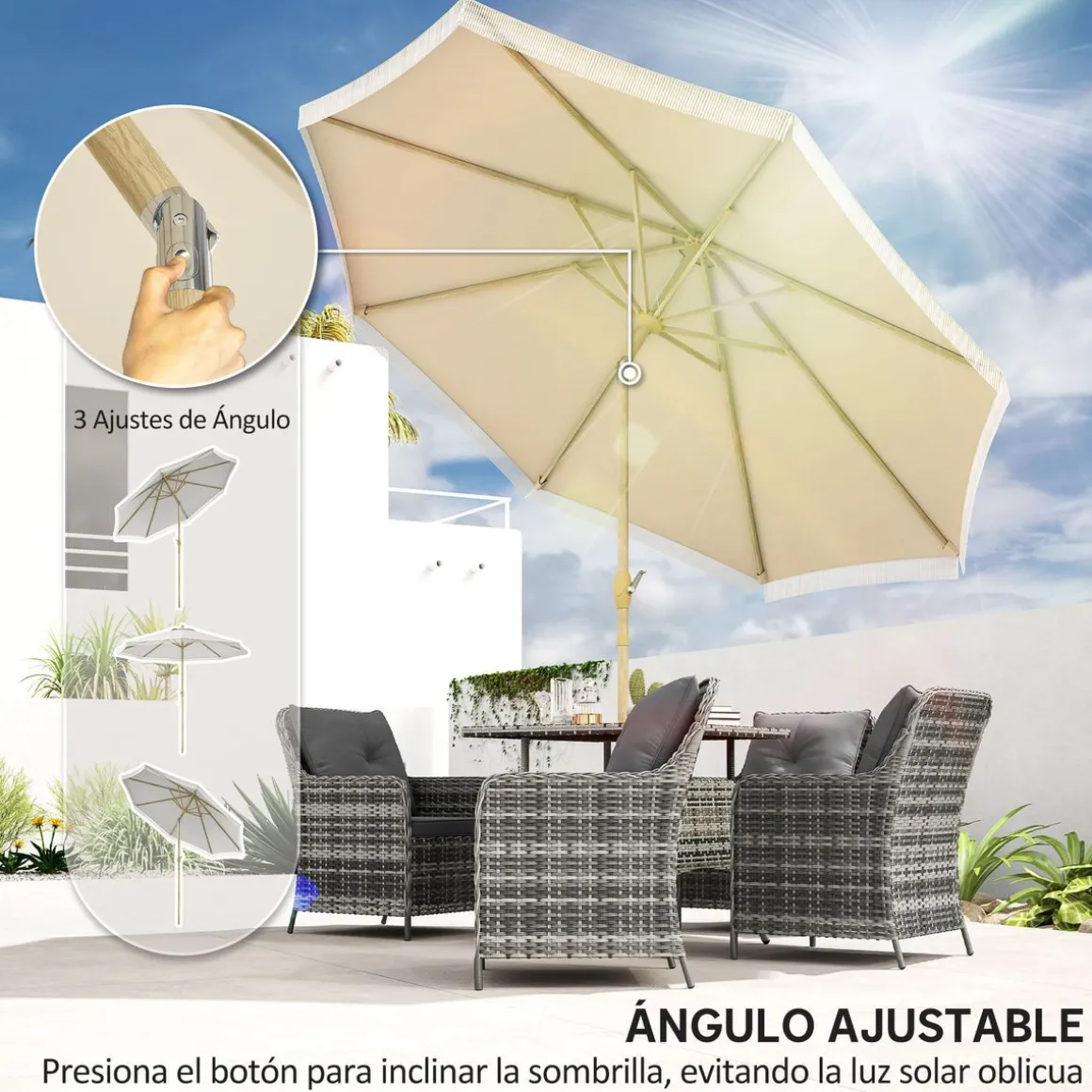 Sombrilla de jardín Estrella Outsunny con manivela y ángulo ajustable crema Ø265x244 cm