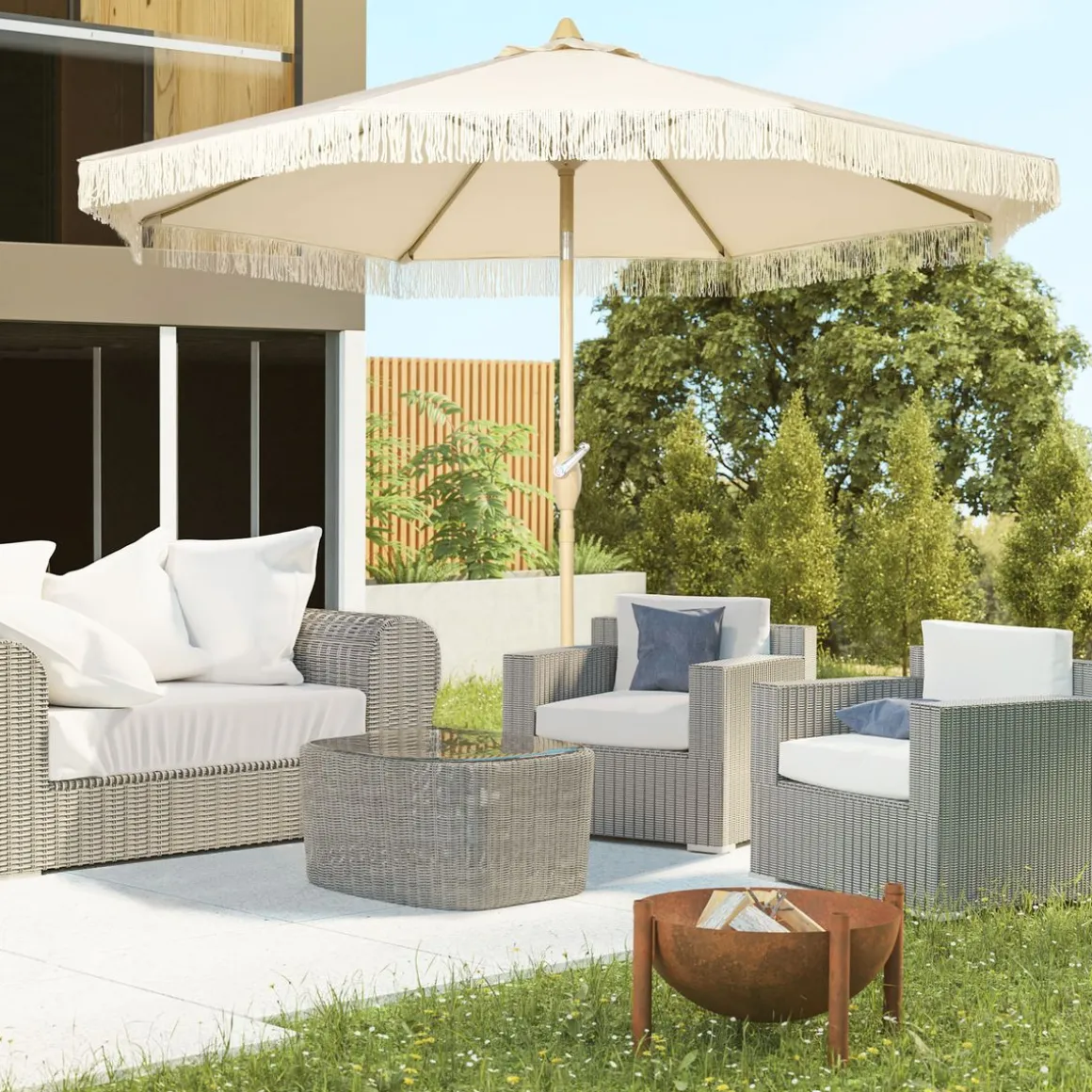 Sombrilla de jardín Estrella Outsunny con manivela y ángulo ajustable crema Ø265x244 cm