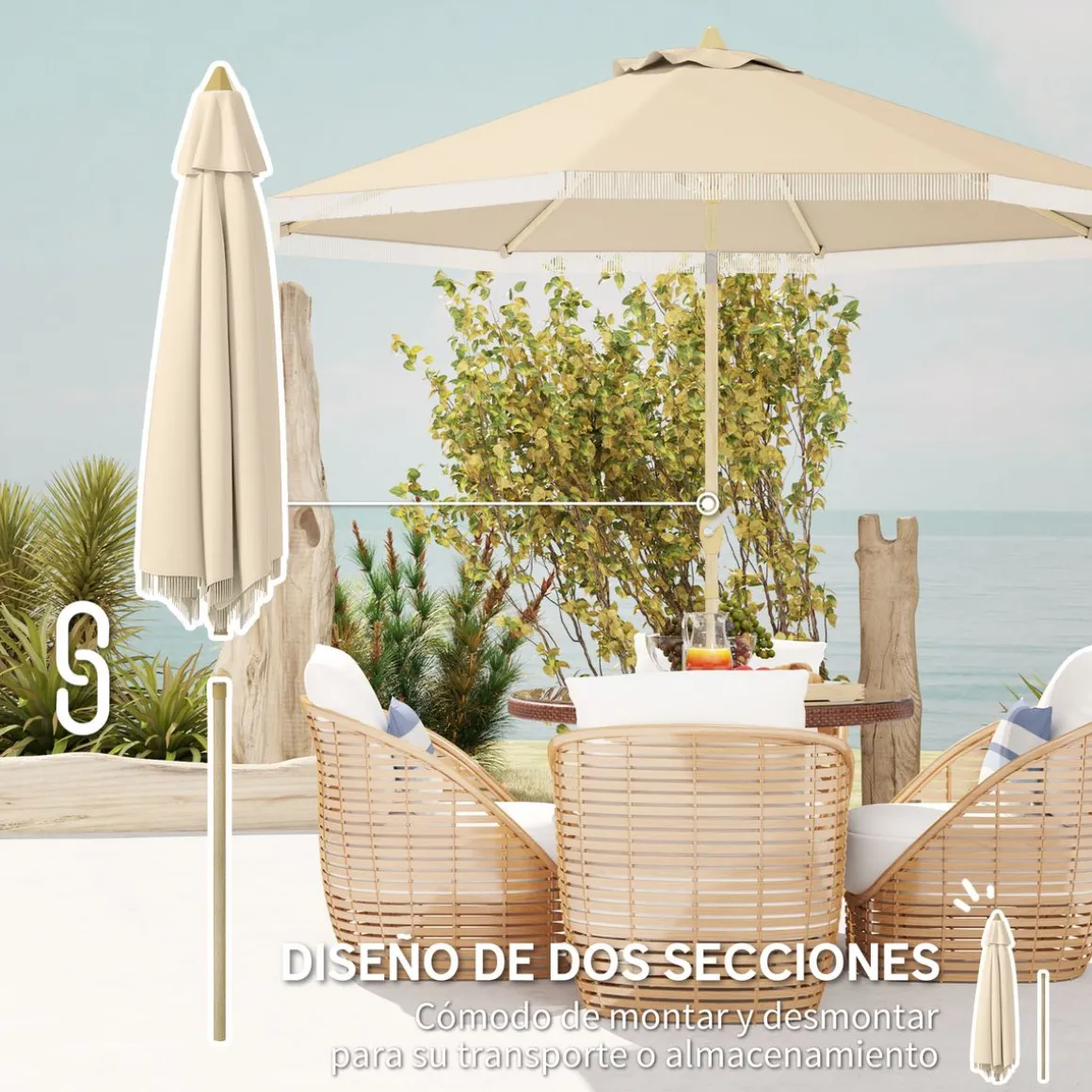 Sombrilla de jardín Estrella Outsunny con manivela y ángulo ajustable crema Ø265x244 cm