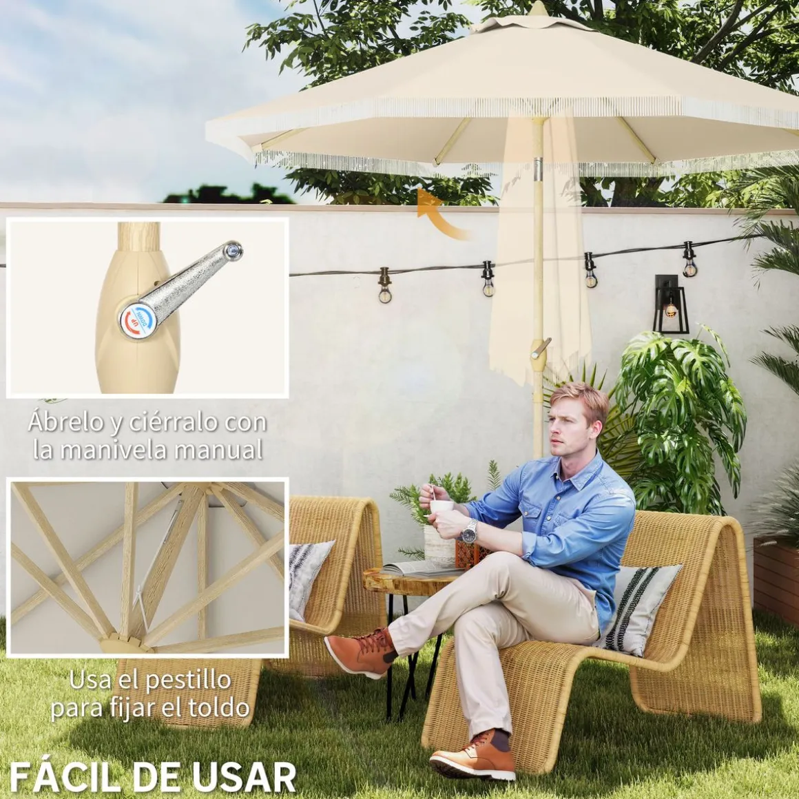 Sombrilla de jardín Estrella Outsunny con manivela y ángulo ajustable crema Ø265x244 cm