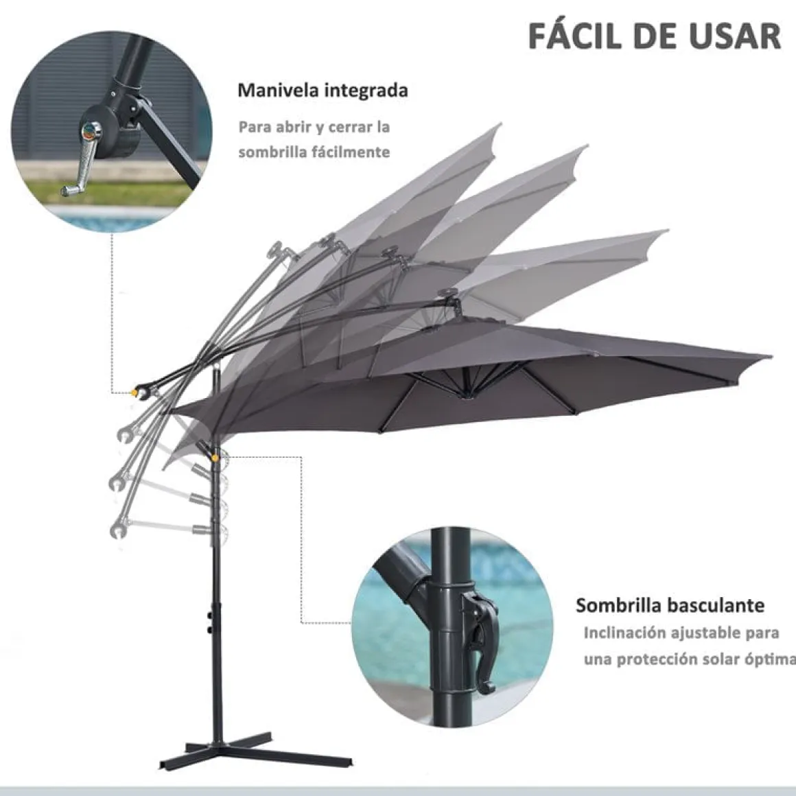 Sombrilla de jardín excéntrica Outsunny gris Ø295x245 cm